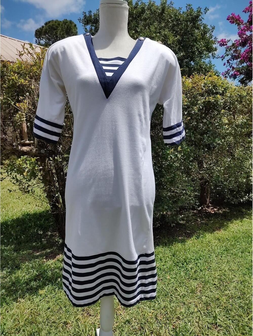 Vintage Nautical Sweater Dress Sailor Style Navy White Striped Womens S